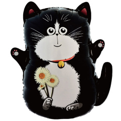 Шар (25"/64 см) Фигура, Кот черный с букетом ромашек, 1 шт. в уп.